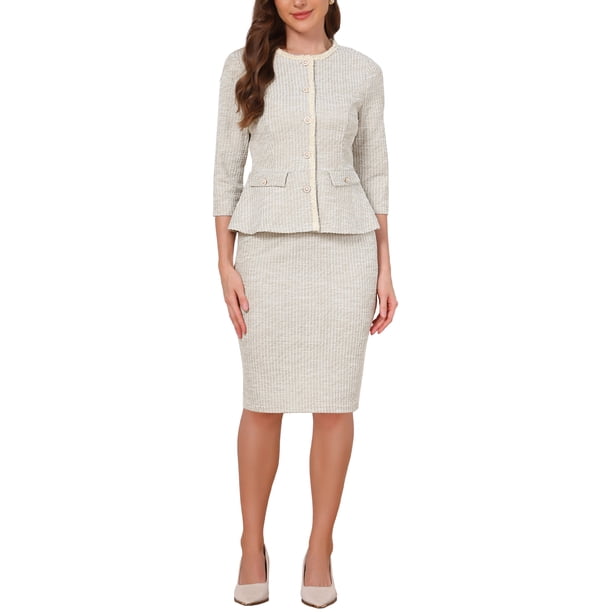 INSPIRE CHIC Conjunto de Traje de Tweed de 2 Piezas para Mujer Conjunto de Atuendo de Maestra para Regreso a Clases Chaqueta de Manga 3/4 con Botones y Falda Lápiz Color Albaricoque Talla L
