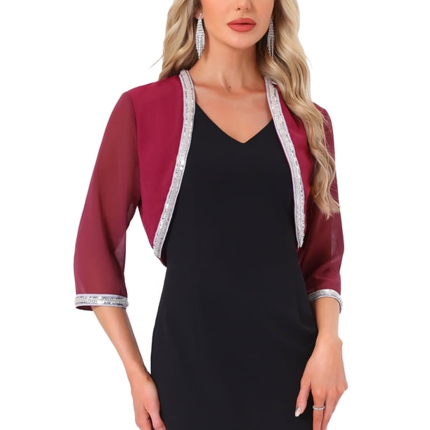 INSPIRE CHIC Chaqueta de Noche para Mujer con Ribete de Lentejuelas, Manga 3/4, Abierta al Frente, Corta de Chifón, Burdeos XL