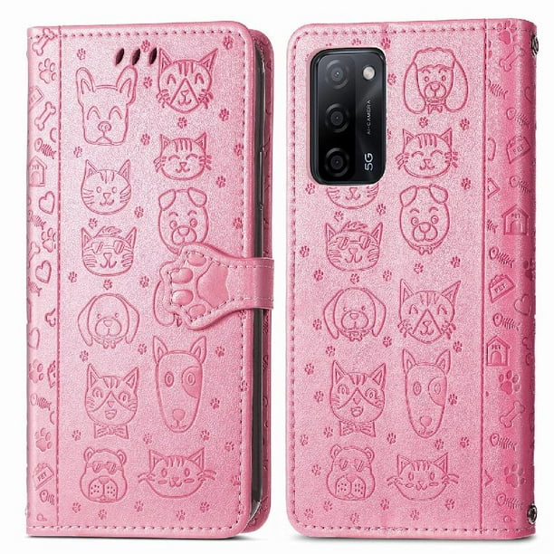 Funda Cartera FOXDOCK para OPPO A55 5G , Flip PU con Relieve de Gatos y Perros, Tarjetero y Soporte