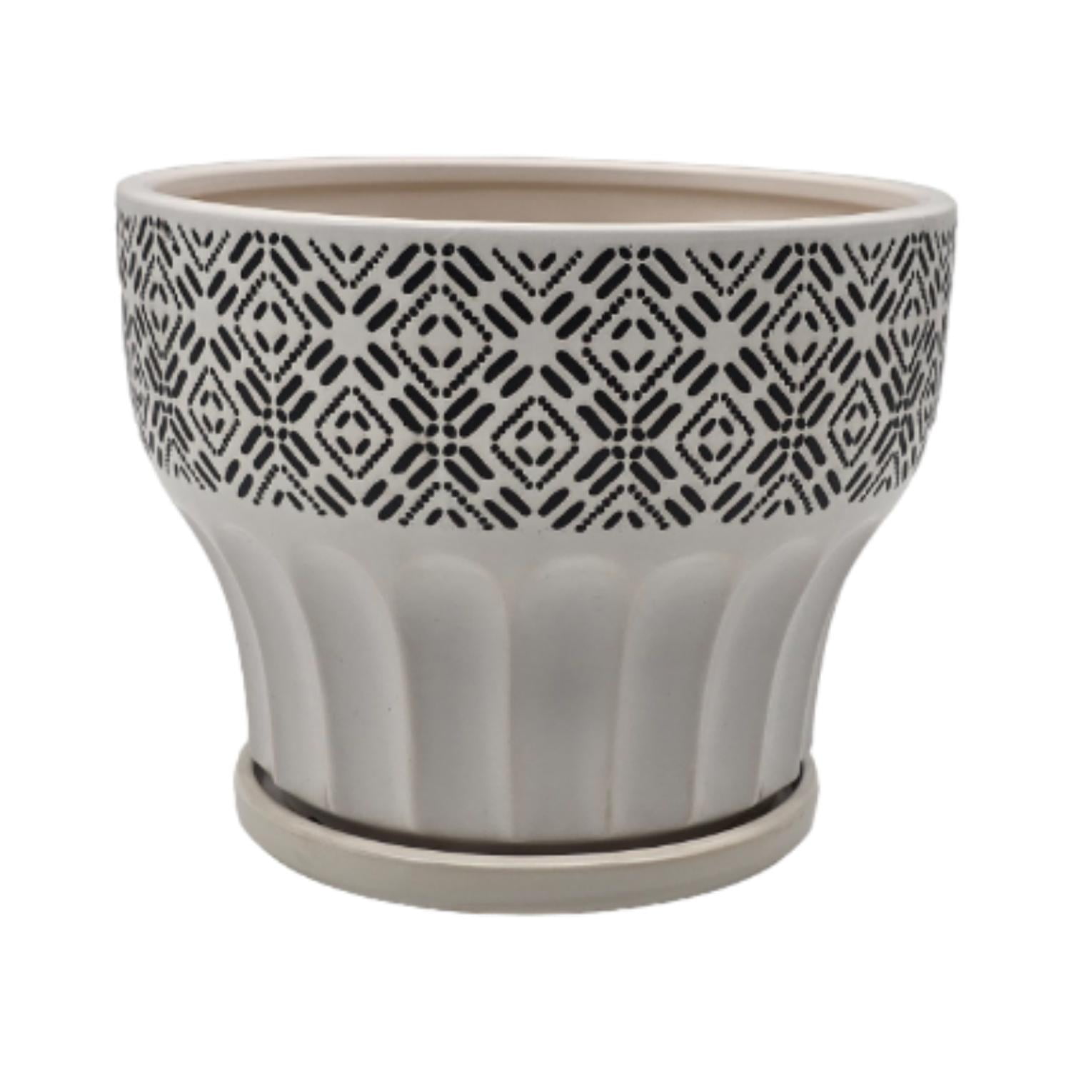 Fliperex - Macetero Maceta De Ceramica Blanco Patrones Negro Alto M Blanco