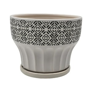 Fliperex - Macetero Maceta De Ceramica Blanco Patrones Negro Alto M Blanco