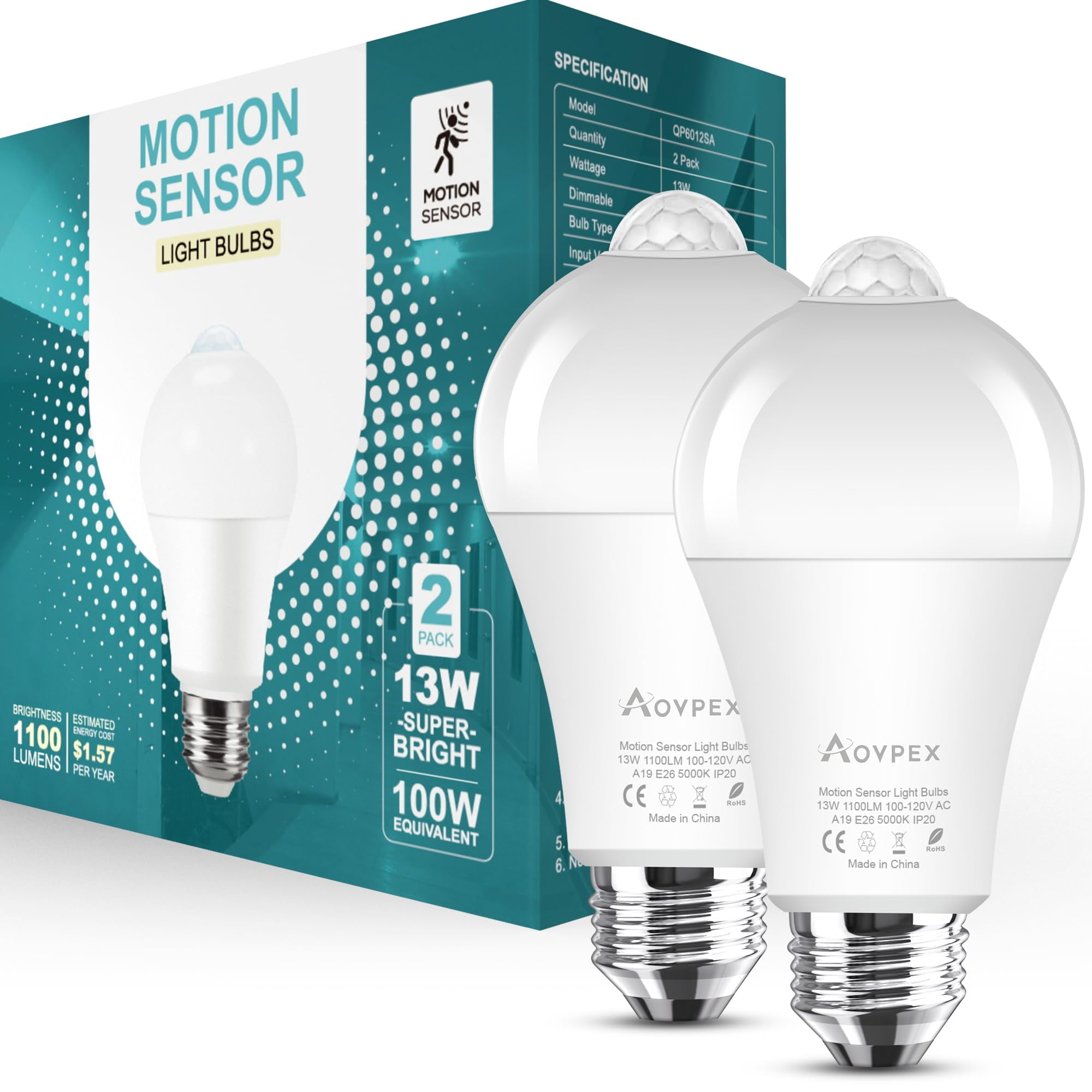 Bombilla Con Sensor De Movimiento Aovpex Dusk To Dawn, 13 W, 5000 K, Paquete De 2