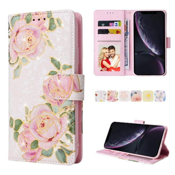 FOXDOCK Funda Tipo Cartera Floral para iPhone XR ,Funda con Tapa de Cuero PU, Protección Antigolpes con Ranuras para Tarjetas y Soporte