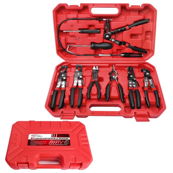 Alicates BETOOLL 9 piezas - Juego de abrazaderas de manguera para reparación automotriz (rojo/negro)