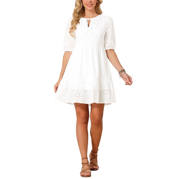 INSPIRE CHIC Vestido de Ojal para Mujer Verano Casual con Lazo en el Cuello en V Manga Corta Línea A Encaje en Capas Flowy Playa Mini Vestidos M Blanco