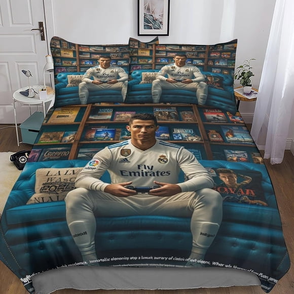 Cristiano Ronaldo Premium Hidden Zipper Closure Duvet Cover Set - Vibrant 3D Print Microfiber Sports Bedding, Complete 3-Piece Set with Pillowcases, Perfect for Boys And Girls King