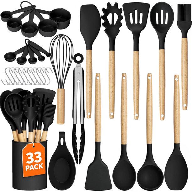 Set de Utensilios de Cocina WISELIFE 33 Piezas Silicona 446 °F Mango de Madera