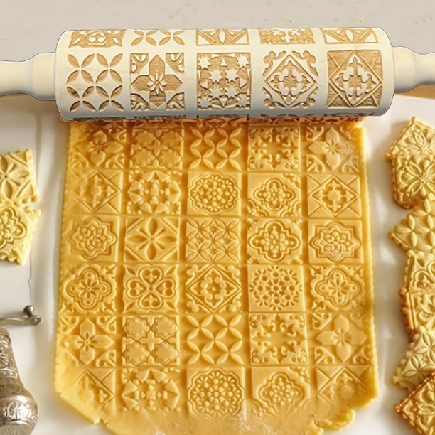 1pc, Embossing Rolling Pin (13.77''x1.77''), Wooden Rolling Pin, Square Flower Pattern Dough Roller, For Pizza, Pie, Cookies, Dumplings, Noodles, And More, Kitchen Utensils, Kitchen Gadgets, Kitchen A