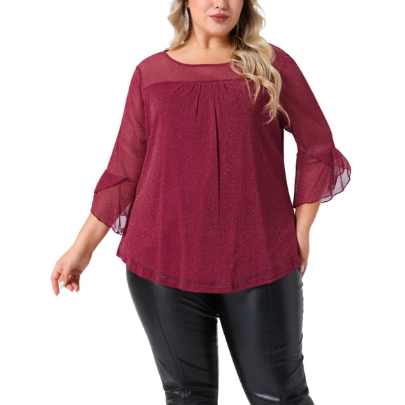 Agnes Orinda Mujeres Tallas Grandes Escuela Colegio Tops Brillantes con Purpurina Cuello Redondo Transparente Volante Manga 3/4 Blusas Plisadas de Doble Capa Túnica Talla 3X Rojo