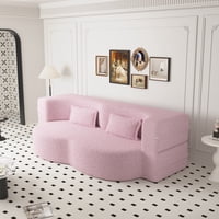 M&Ms - Modern Floor Sofa With 2 Pillows,Convertible Teddy Fabric Foam-Filled Sleeper Sofa Bed,15"" Full Size Folding Mattress For Living Room,Guest Bed,Playroom,No Assembly Required,Pink(Old Sku W1885P230384)