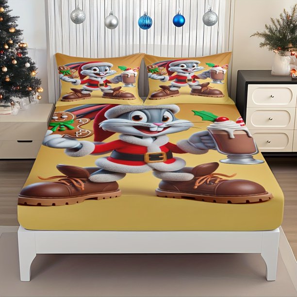 Fitted Sheet featuring Christmas outfits with Gingerbread for Man and Hot Cocoa holiday patterns Elastic design ensures a perfect