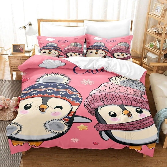 Penguin Love Heart Pattern Quilt Duvet Cover Set Children Bed Linen Bedding3-Piece Bedding Set