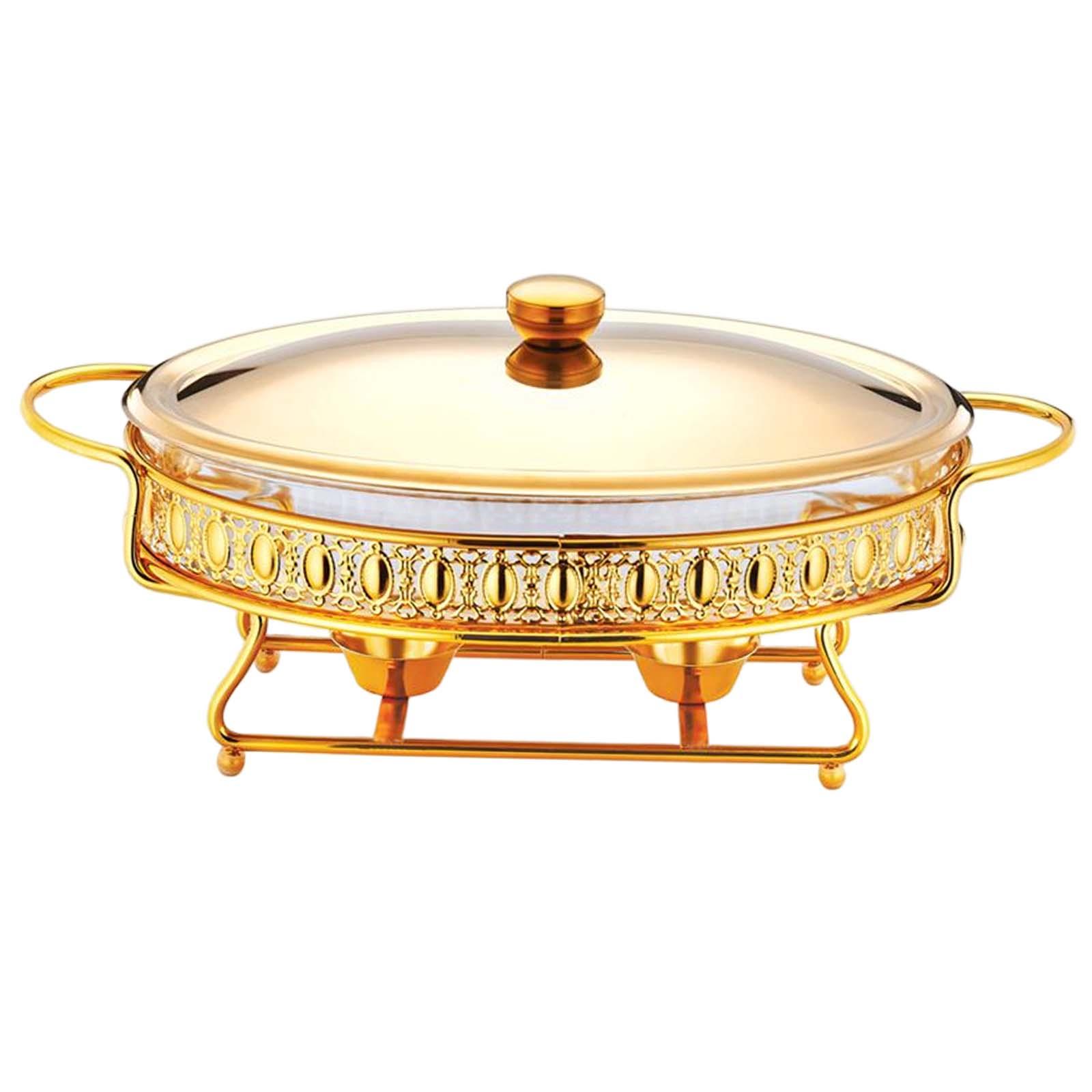 Magideal - Plato De Frotamiento Redondo, Juego De Buffet De Plato De Frotamiento De Acero Inoxidable, Calentadores De Alimentos Con Tapa De Vidrio Y Soporte Para , Dorado