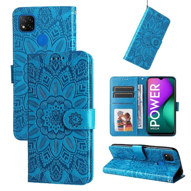 Funda tipo cartera FOXDOCK para Xiaomi Redmi 9C , diseño girasol en relieve, cuero PU, cierre magnético, soporte y tarjetero