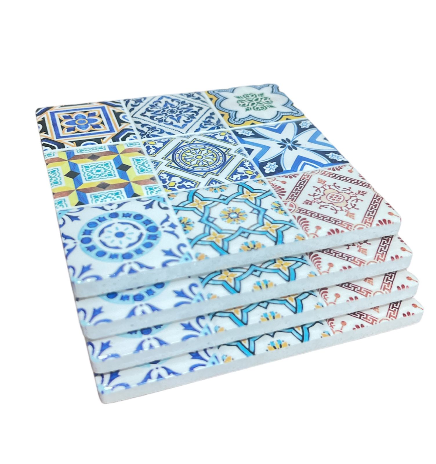 Oem - Set 4 Posavasos Colorido Ceramica Y Corcho 4 Piezas Cuadrado M2