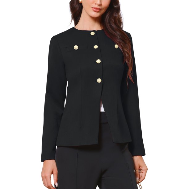 INSPIRE CHIC Elegante Blazer de Trabajo para Mujeres sin Cuello con Botones de Manga Larga Chaquetas Peplum S Negro