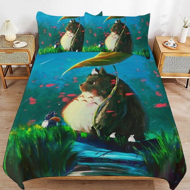 Juego de edredón Totoro de 3 piezas, funda nórdica, ropa de cama suave para todas las estaciones.