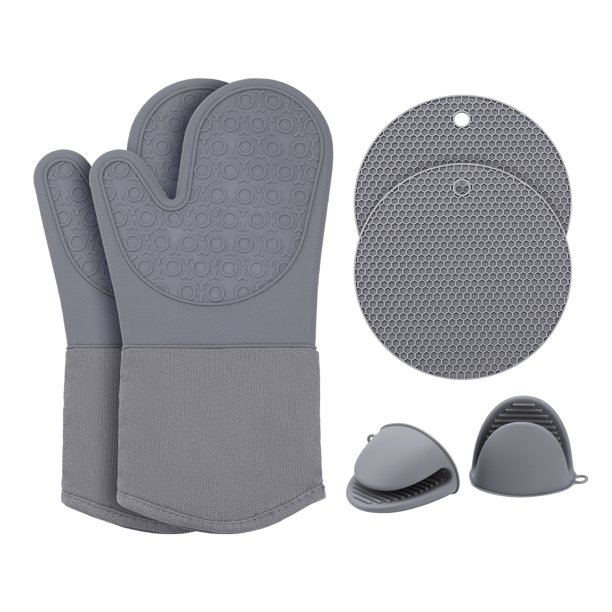 Juego de Guantes de Horno y Soportes para Ollas de 6 Piezas, Guantes de Cocina Resistentes al Calor con Silicona Antideslizante para Cocina Todo Gris 10.9x7.1 pulgadas