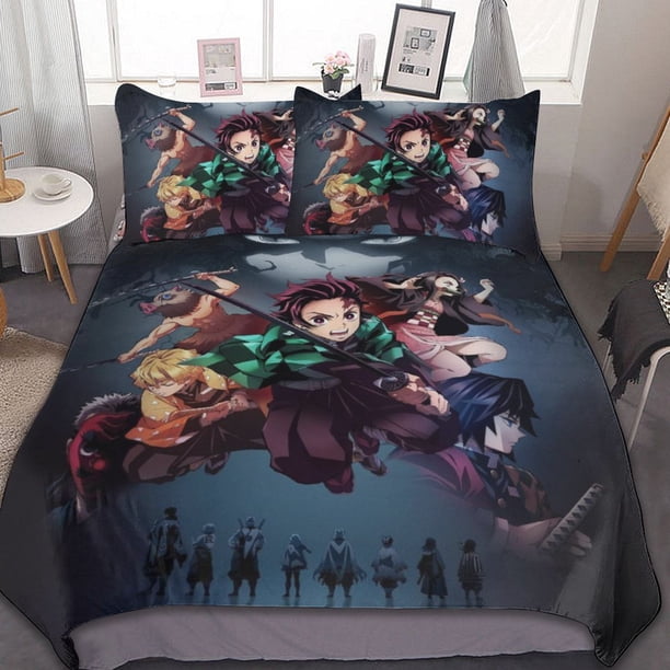 Demon Slayer 3-Piece Bedding Set Warm And Comfortable Soft Duvet Cover Bed Set for Boys Girls Kids Adult Bedroom All Season