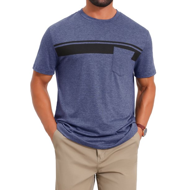 INSPIRE CHIC Camiseta de Hombre con Bolsillo en el Pecho, Estampado de Rayas, Cuello Redondo, Manga Corta, Talla S, Azul Oscuro