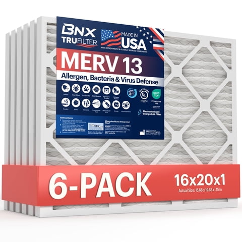 Filtro De Aire Bnx Trufilter 16X20X1 Merv 13 Para Horno Ac (Paquete De 6)