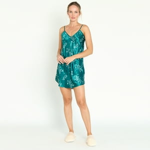 Bbz Barbizon - Camisa De Dormir Mini Escote Satin Verde Estampado