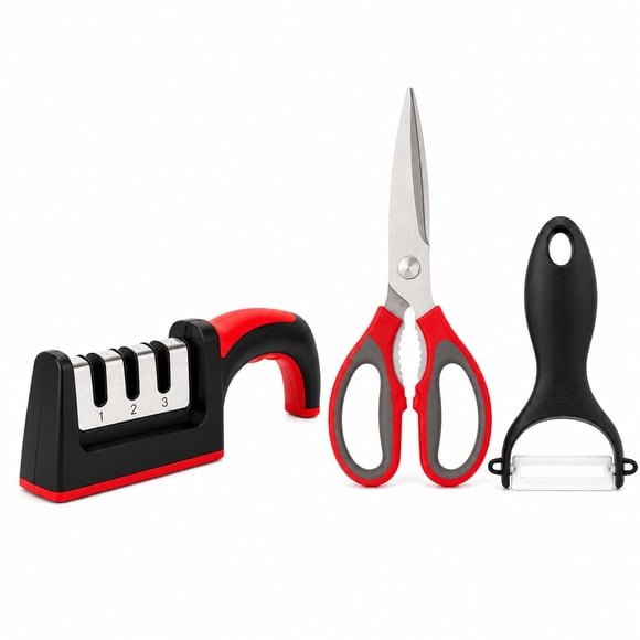 Set de Cocina Esencial 3 en 1: Afilador Profesional, Tijera Multiuso y Pelador Ergonómico