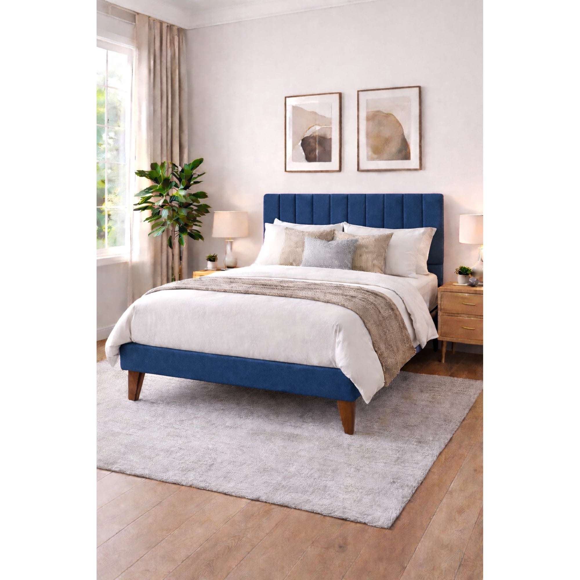 Ethan Desing - Cama Plaza Y Media Turin Azul Respaldo + Base + Colchon Mery Desing Excellence Plus