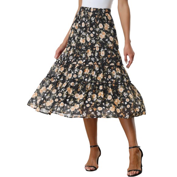 INSPIRE CHIC Falda Floral de Mujer con Volantes en Capas de Chifón A-Line Maxi Falda Negra M