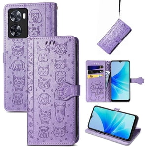 Funda Cartera Foxdock Para Oppo A57 4G , Flip Pu Con Relieve De Gatos Y Perros, Tarjetero Y Soporte