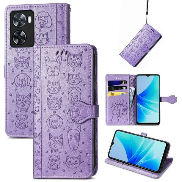 Funda Cartera FOXDOCK para OPPO A57 4G , Flip PU con Relieve de Gatos y Perros, Tarjetero y Soporte