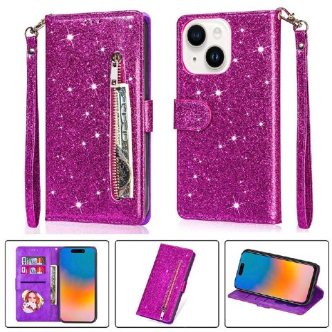 Foxdock - Funda Para Elegante Funda Iphone 15 Glitter Con Cremallera-Ideal Para El Uso Diario