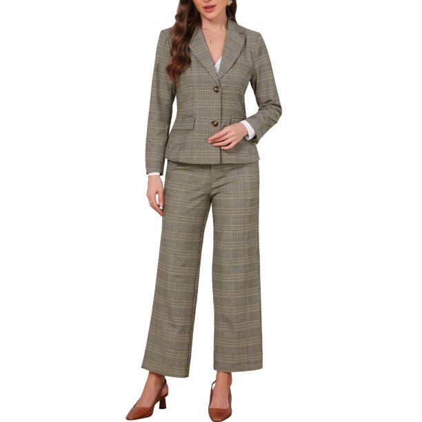 INSPIRE CHIC Trajes de Pantalón para Mujer de 2 Piezas con Estampado de Cuadros Traje de Blazer de Trabajo Empresarial Pata de Gallo Conjunto de Pantalón M Marrón Caqui
