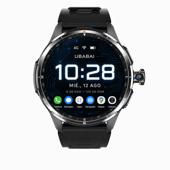 UBABAI LTE Smartwatch Android 10 4G con SIM Nano, Reloj Inteligente AMOLED 1.6" 480x480, Llamadas Independientes, WiFi, GPS, Cámara Giratoria 180°, Google Play, 8GB RAM 128GB ROM