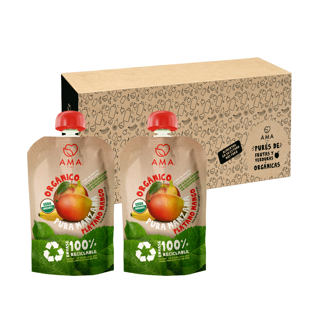 Ama Time - Pack 32 Unid - Puré Manzana Plátano Mango Reciclable 90 Grs