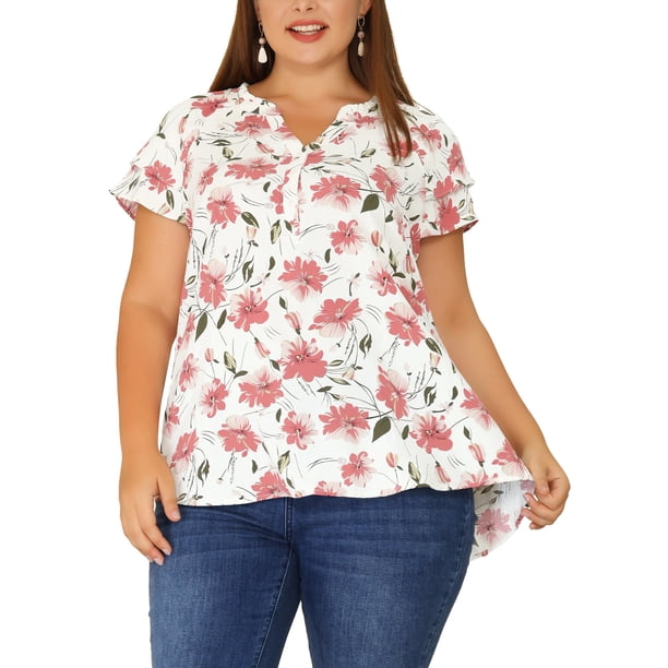 Agnes Orinda Blusas de Manga Corta con Volantes y Cuello en V Retro Floral para Mujer de Talla Grande 2X Rosa Blanco