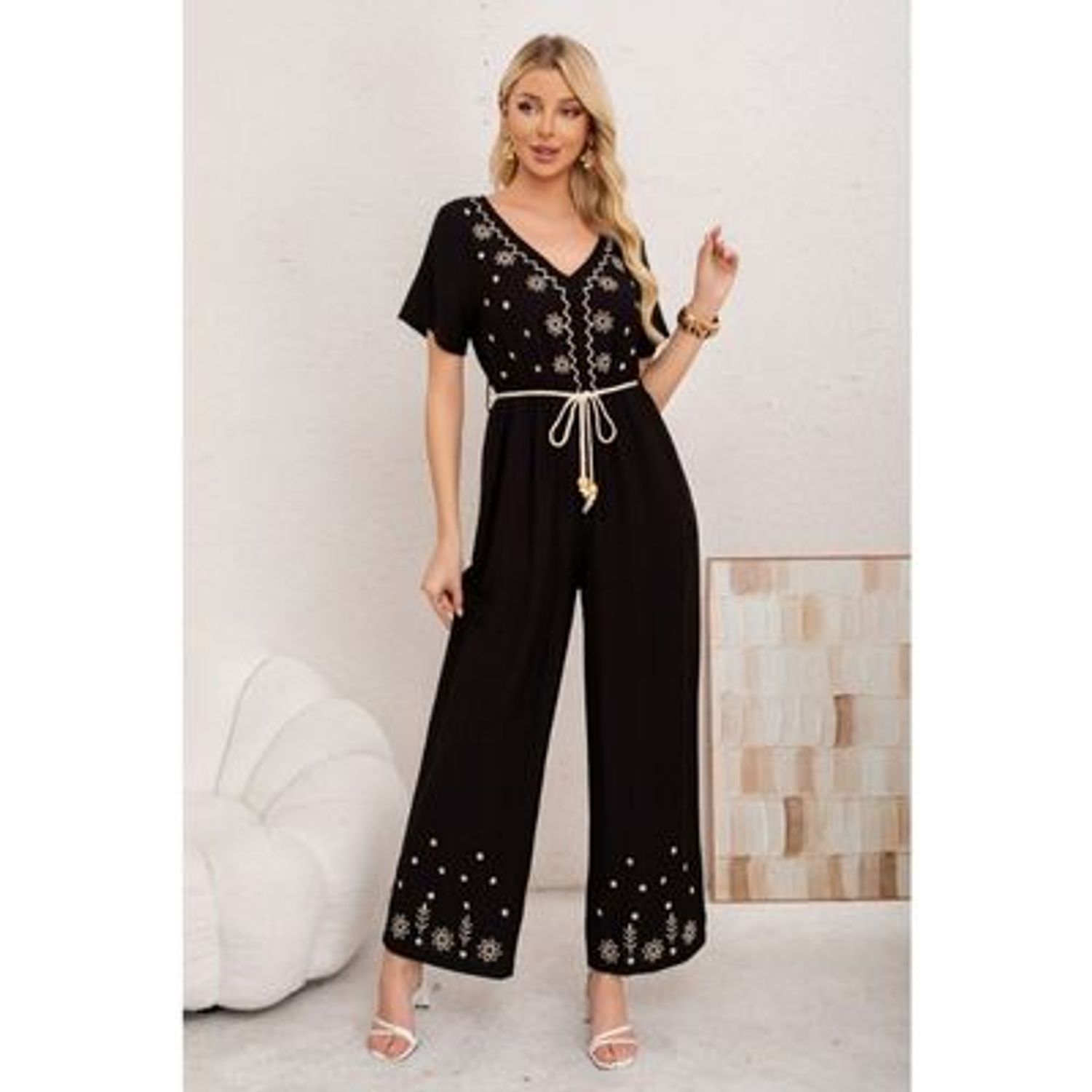 Likeshop - Enterito Mujer Casual Pierna Ancha Bordado Cuello V 3350