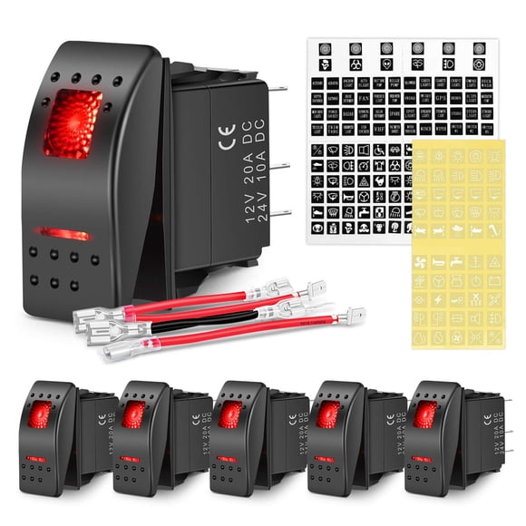 Nilight 6 unidades de interruptores basculantes SPST de 5 pines con luz de fondo roja 12V/24V