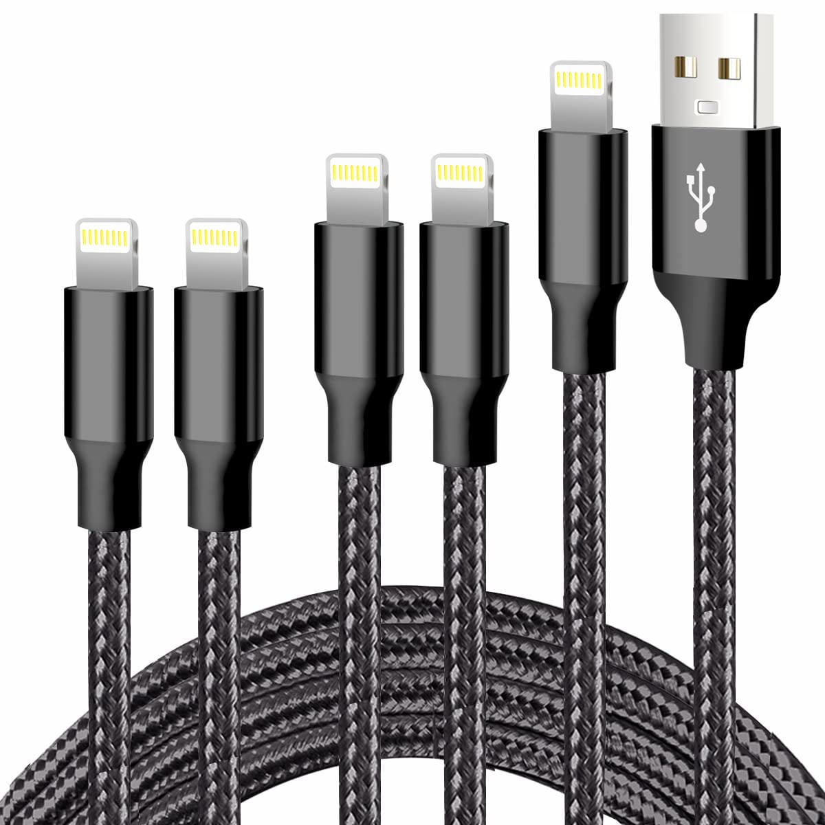 Cugunu - Cargador Para Iphone 5, Paquete De 1,5 M/1,5 M/2 M/2 M/3 M, Nailon Negro