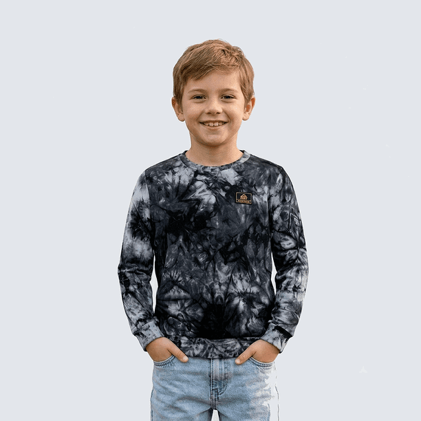 Poleron Liviano Crew Niño Reef Tie Dye Print Negro