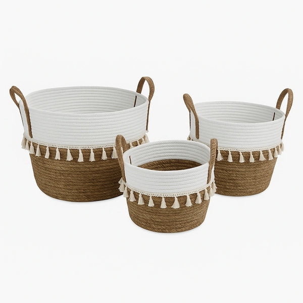 Estilodomus - Set 3 Cestas Tejidas Fibra Natural - Blanco