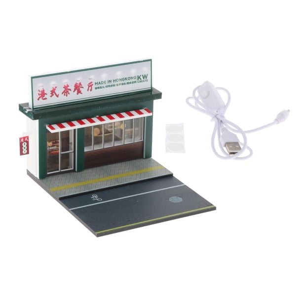 Escena de exhibición de coches a escala 1/64, escenografía para coches a escala, fondo con adornos iluminados para colección de escritorio, regalo de restaurante de té