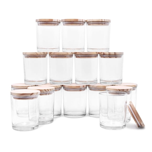 Frascos para velas SHOWIN, vidrio grueso, 210 ml con tapas de madera, 16 unidades