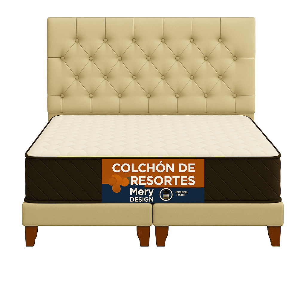 Ethan Desing - Cama 2 Plaza Capitoné + Respaldo 2p Capitone Beige + Colchón 2p Mery Desing