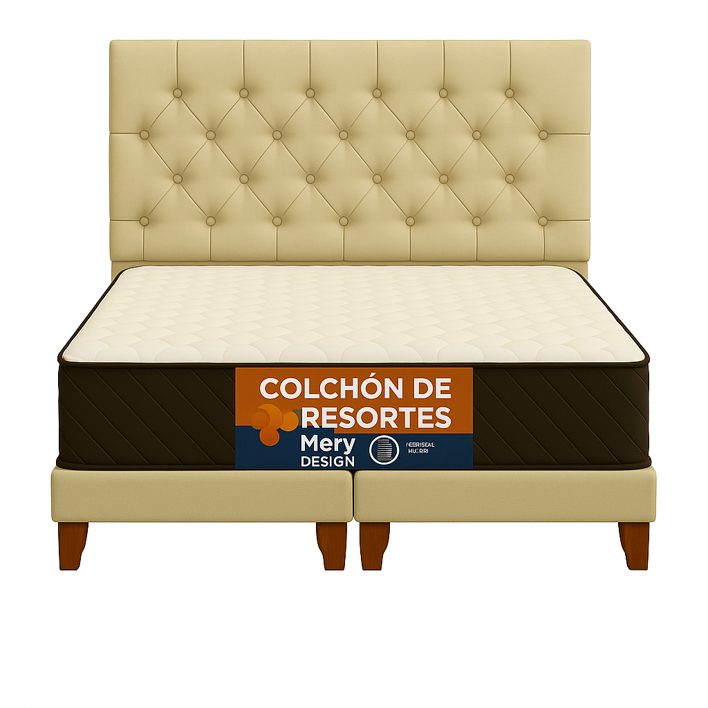 Ethan Desing - Cama 2 Plaza Capitoné + Respaldo 2P Capitone Beige + Colchón 2P Mery Desing