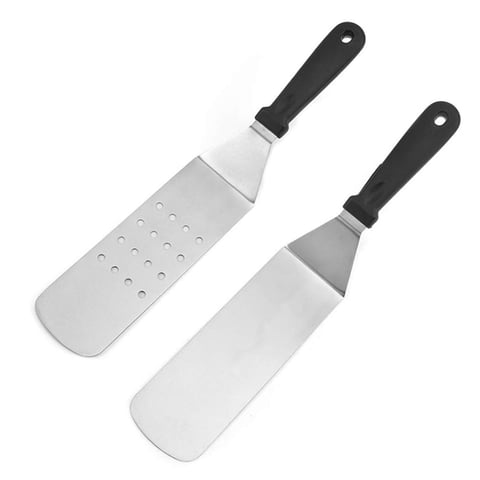 Xusx111 - 2 Pcs De Acero Inoxidable Seca Pan Teppanyaki, Empuñada Espátula Manija Flexible Tornador Parrilla/Espátula Negro Manija De Plástico