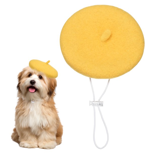 Uxcell Sombrero de Lana para Perro, Boina de Artista Francés de 6 Pulgadas con Correa Ajustable, Accesorio para el Cabello, (Amarillo), para Disfraz de Navidad/Props para Fotos