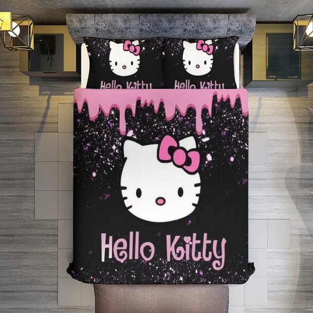 Comforter Set Queen Size Sequin Hello Kitty Set with 2 Pillowcases for All SeasonsBedding Set 3pcs for Kids Boys Girls Bedroom Decor Bed Sheets