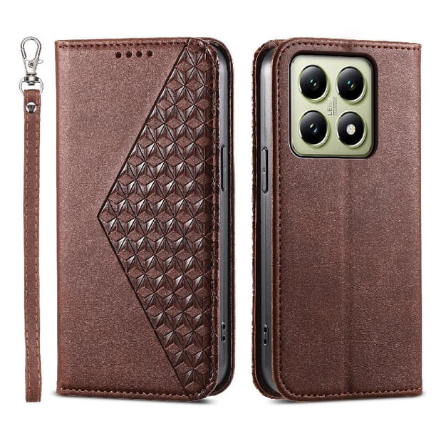 Funda Flip FOXDOCK para Xiaomi 14T Pro 5G , Estilo Billetera con Diseño Rombo, Correa de Mano y Soporte, Uso Diario