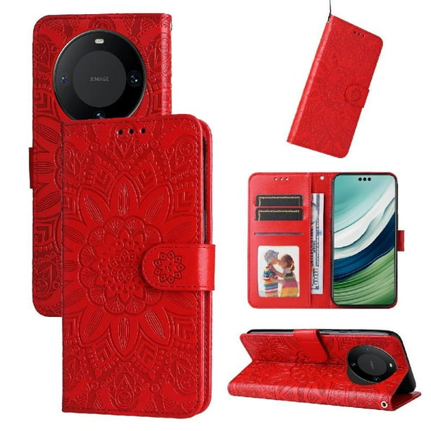 Funda tipo cartera FOXDOCK para Huawei Mate 60 , diseño girasol en relieve, cuero PU, cierre magnético, soporte y tarjetero